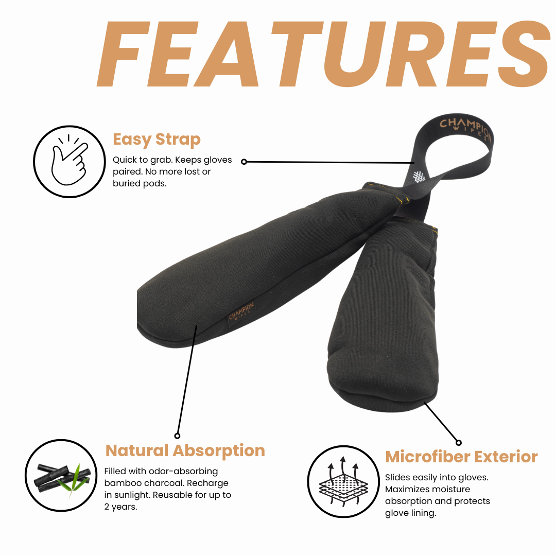 Champion Wipes™ Glove Deodorizer & Odor Absorber  – Scented Bamboo Charcoal Pouches with Hanging Strap for Gloves, Shoes, Bags
