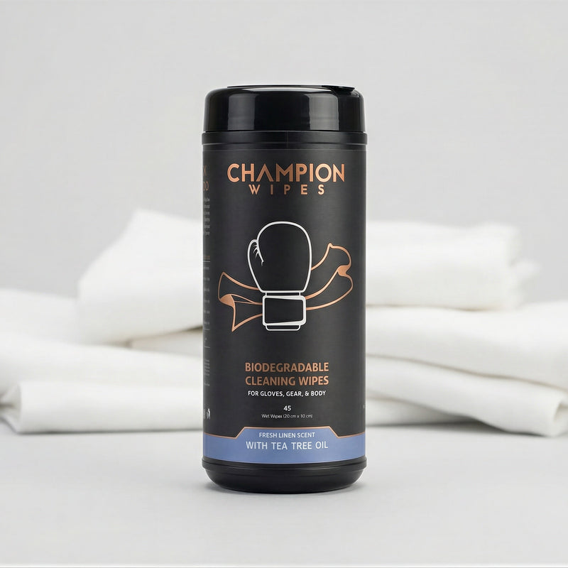 Container of Champion Wipes with white cloths on a gray background