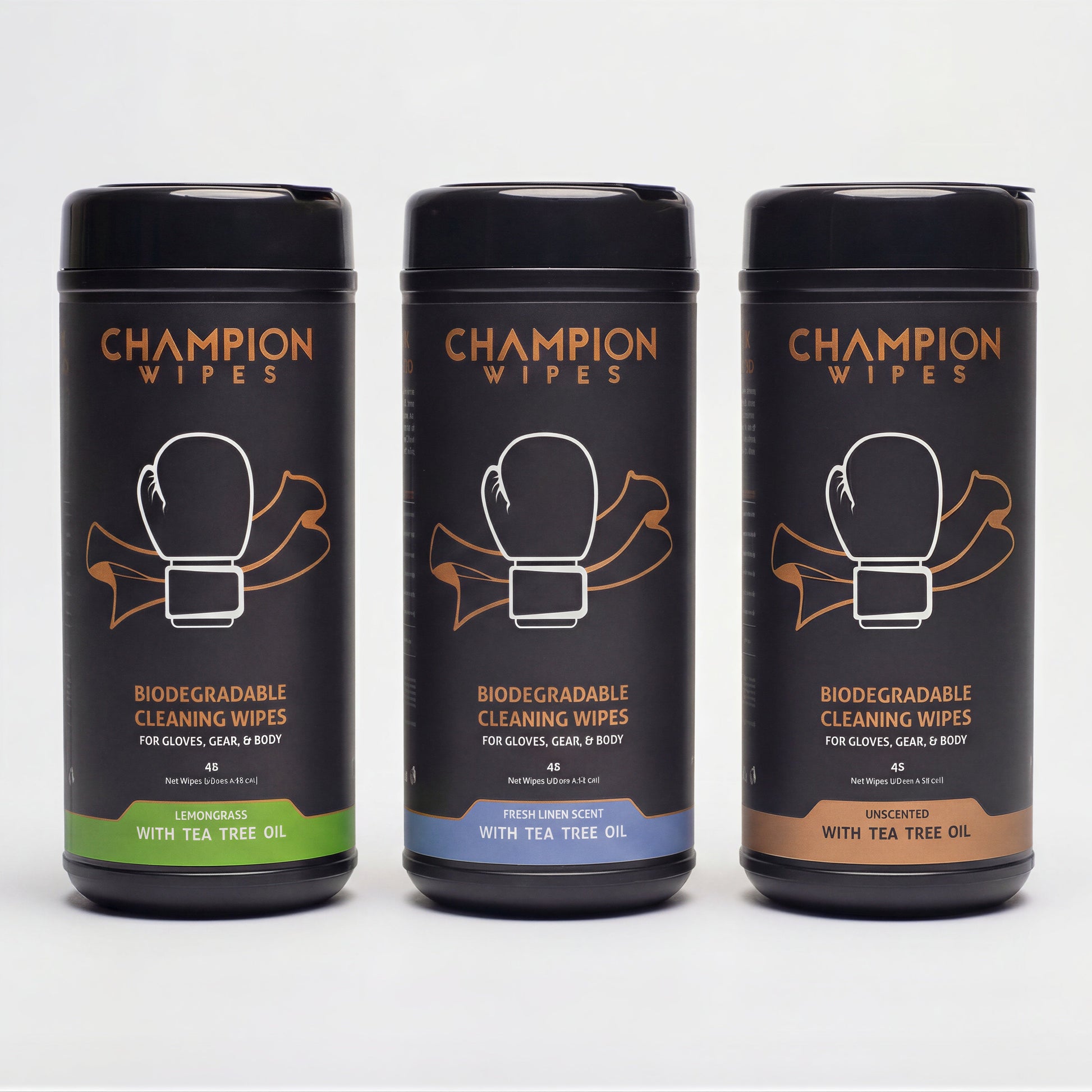 Three black cylindrical containers labeled 'Champion Wipes' on a white background