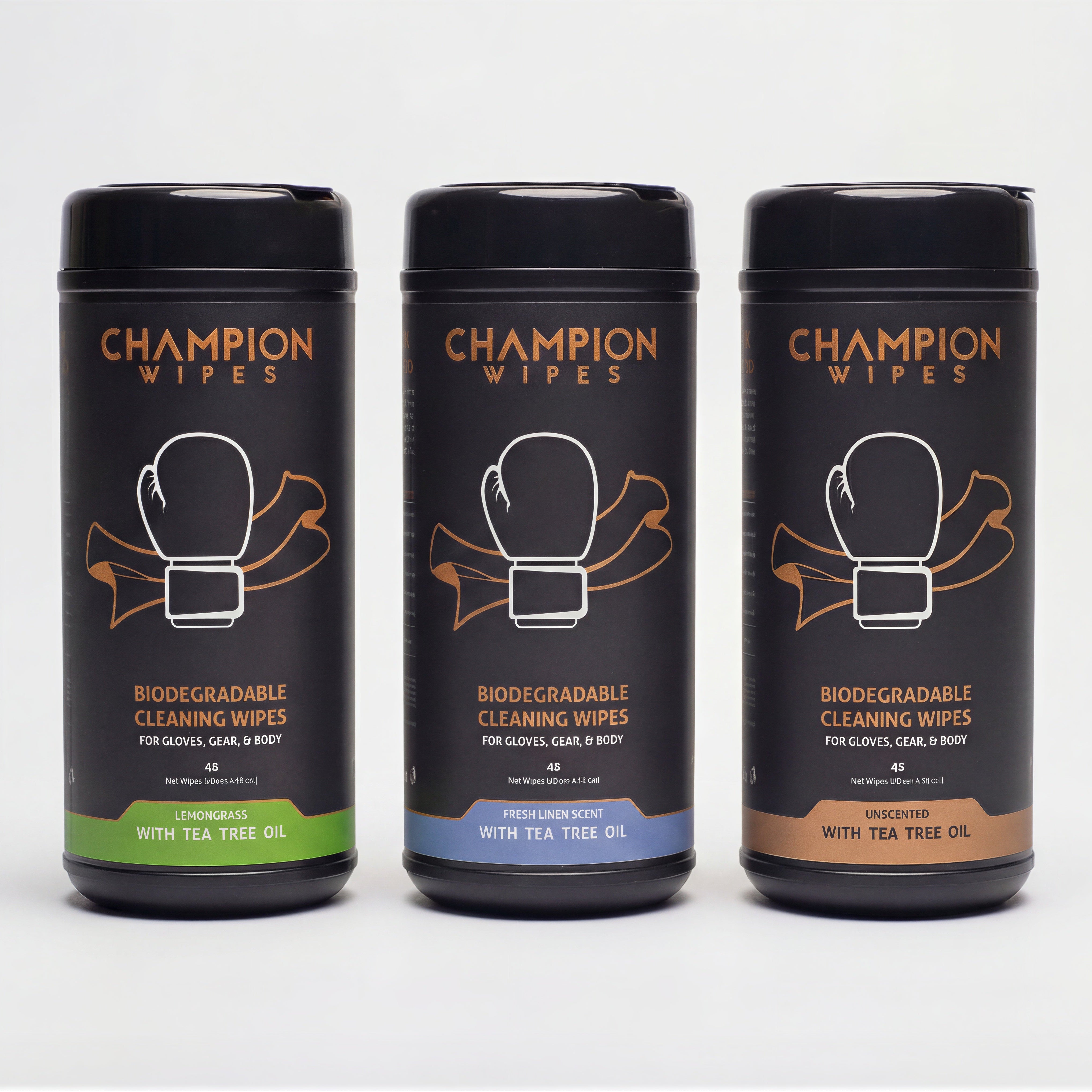 Three black cylindrical containers labeled 'Champion Wipes' on a white background