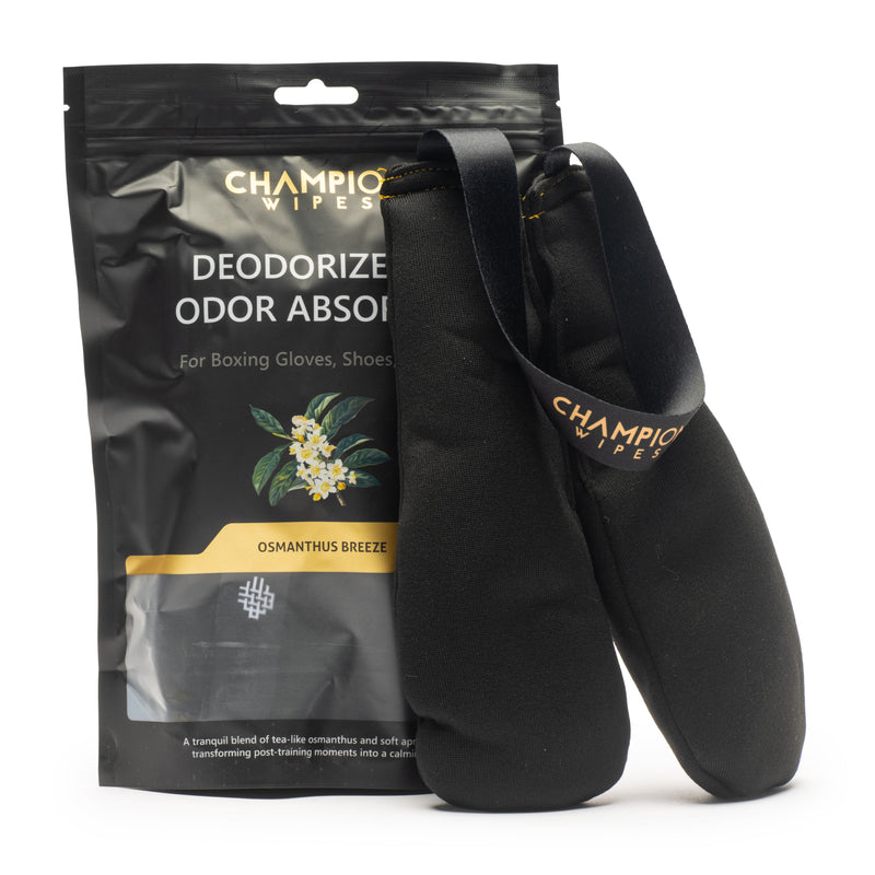 Champion Wipes™ Glove Deodorizer & Odor Absorber “Nunchuck” – Scented Dual Bamboo Charcoal Pouches with Hanging Strap for Gloves, Shoes, Bags & Cars - Champion Wipes