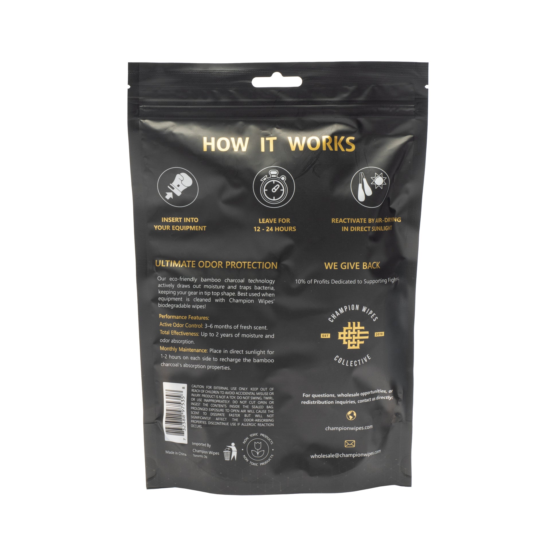 Champion Wipes™ Glove Deodorizer & Odor Absorber “Nunchuck” – Scented Dual Bamboo Charcoal Pouches with Hanging Strap for Gloves, Shoes, Bags & Cars - Champion Wipes