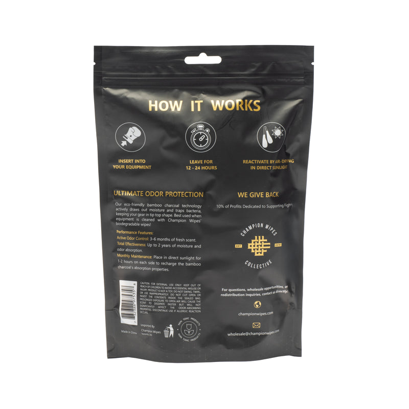 Champion Wipes™ Glove Deodorizer & Odor Absorber “Nunchuck” – Scented Dual Bamboo Charcoal Pouches with Hanging Strap for Gloves, Shoes, Bags & Cars - Champion Wipes